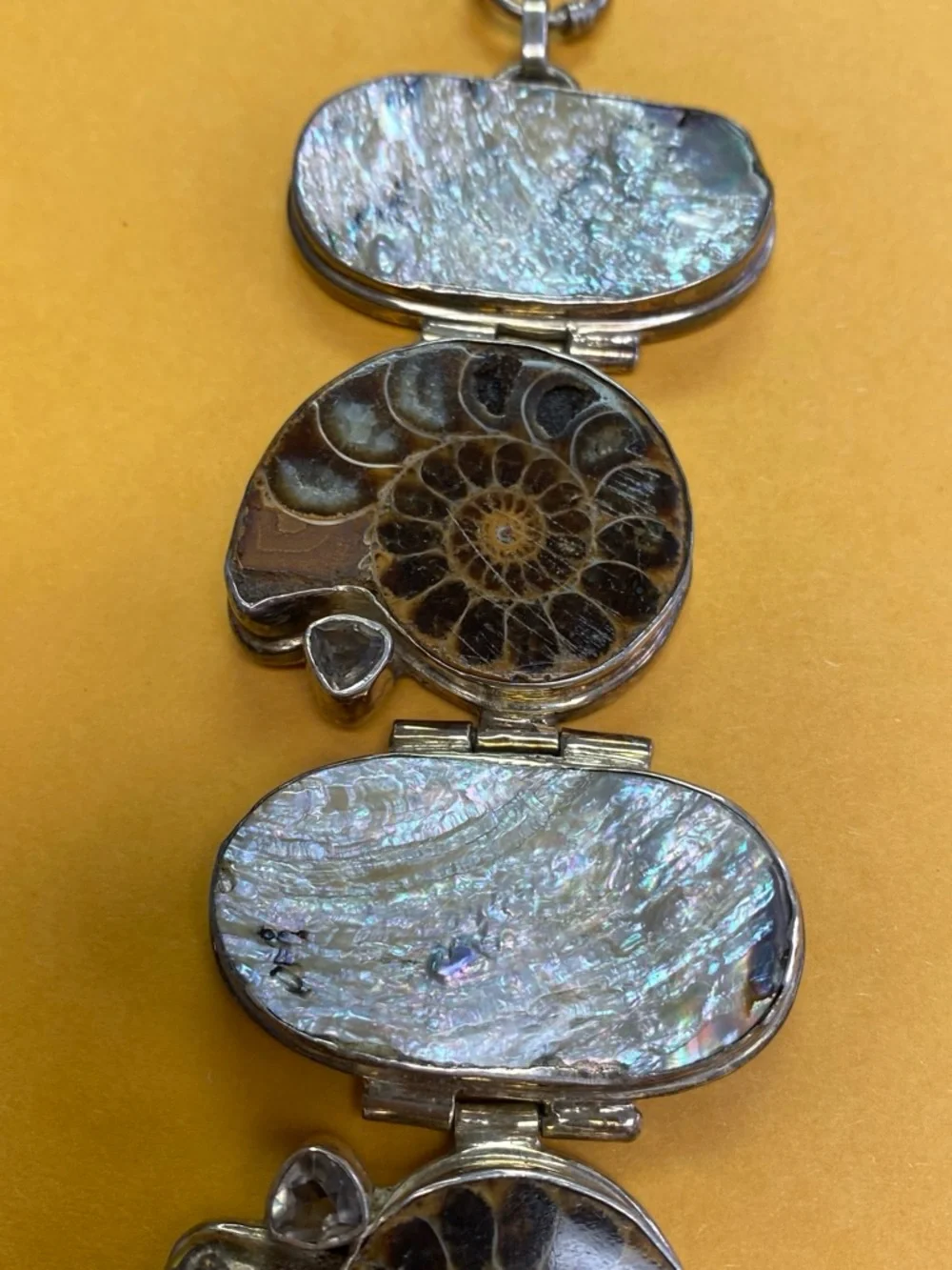 Sterling Silver Ammonite and Mother-of-Pearl Statement Bracelet - Brown/White